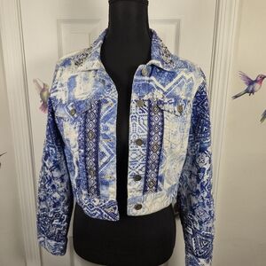 Chico's Beaded Aztec Print Blue Patterned Cropped Trucker Denim Jacket Size XS